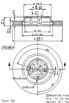 Диск тормозной (Спереди) Toyota Corolla (E120) 00-07 / Corolla Fielder 00-06 Brembo арт. 09.9824.10