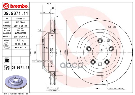 Диск тормозной задний AUDI Q7 06->/Cayenne/Touareg 03-> /Vent.D=358mm BREMBO 09.9871.11 Brembo арт. 09.9871.11