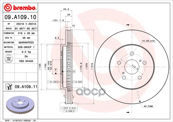 Диск тормозной 09.A109.11 Brembo арт. 09.A109.11