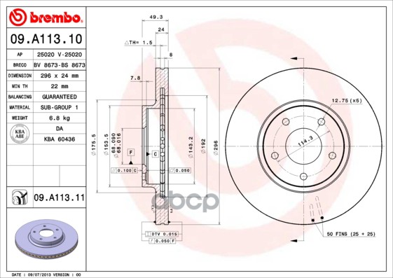 Диск Тормозной Nissan: Altima 2.5/3.5 01-06, Maxima Qx 2.0 V6 24V/2.5 V6 24V/3.0/3.0 V6 24V 99-03 Brembo арт. 09.A113.11