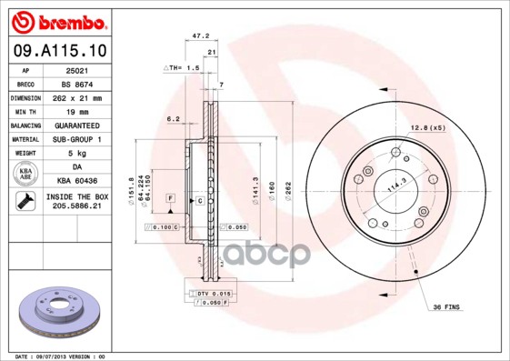 Диск Тормозной Передний Honda Civic 05-12/Stream 01-> /Vent D=262Mm Brembo 09.A115.10 Brembo арт. 09.A115.10
