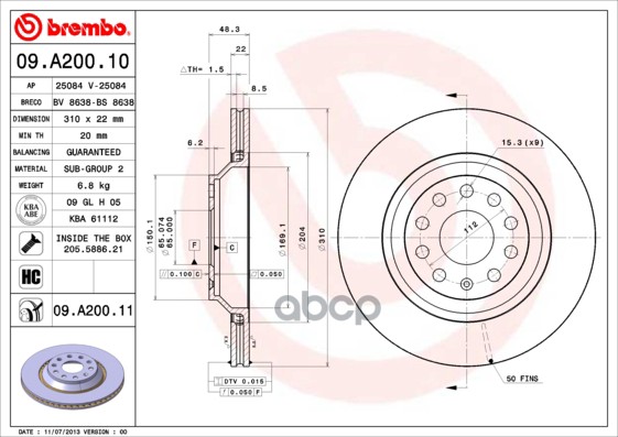 Диск Тормозной Uv Coated | Зад | Brembo арт. 09A20011