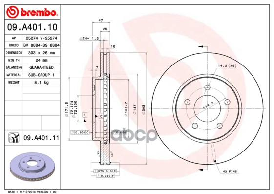 Диск Тормозной Передний Ford Maverick Ii/Mazda Tribute 00-08 Brembo 09.A401.11 Brembo арт. 09.A401.11