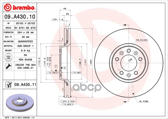 Диск тормозной Brembo Painted Disc 09.A430.11 Brembo арт. 09.A430.11