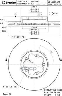 Диск тормозной передний вентилируемый PVT 300мм Brembo арт. 09A53120