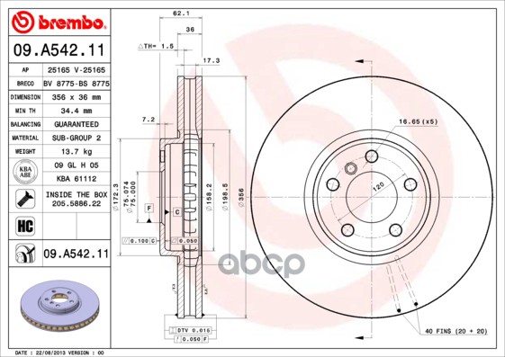 Диск тормозной передний BMW X5(E53) 02-> /Vent.D=356mm BREMBO 09.A542.11 Brembo арт. 09.A542.11