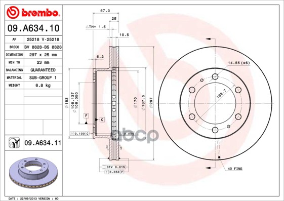Диск тормозной (Спереди) Toyota Hilux Pick Up 04- / Fortuner 04-15 Brembo арт. 09.A634.10
