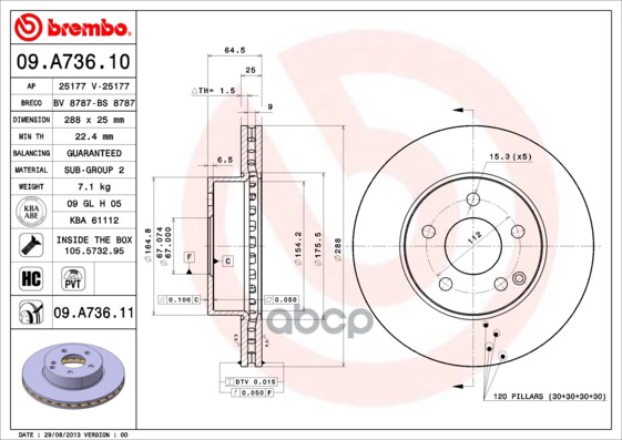 Диск тормозной передний MB W204 180C/180GDI/200CDI 07-> /Vent D=288mm BREMBO 09.A736.11 Brembo арт. 09.A736.11
