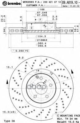 Диск тормозной передний перфорированный mb w211 s211 r230 r172 02 mb BREMBO 09.A819.11 Brembo арт. 09.A819.11