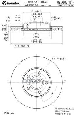 Диск тормозной 09.A905.10 Brembo арт. 09.A905.10