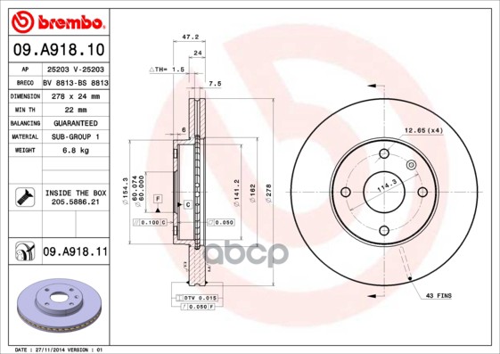 Диск Тормозной Передн Chevrolet: Epica 05-, Daewoo: Tosca 06- Brembo арт. 09.A918.10