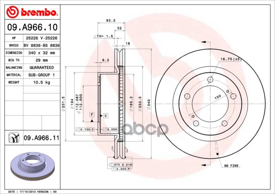 Диск тормозной передн. с УФ покрытием LEXUS LX (_J2_) 08/07-> / TOYOTA (FAW) LAND CRUISER (_J20_) 01 Brembo арт. 09.a966.11