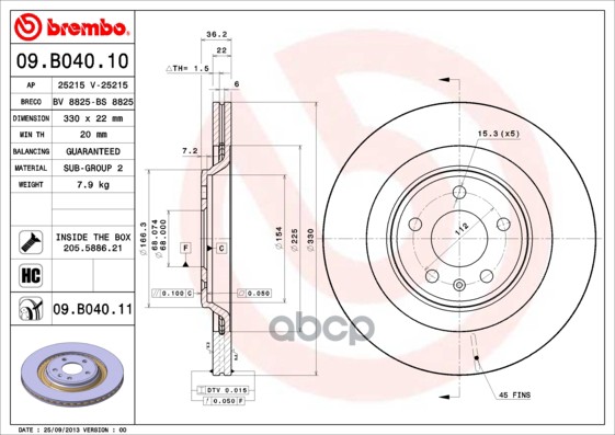 Диск Тормозной (Сзади) Audi A4 08- / A5 07- / A6 10-18 / A7 10-18 / Volkswagen Touareg 18- / Audi A4 Brembo арт. 09.B040.11