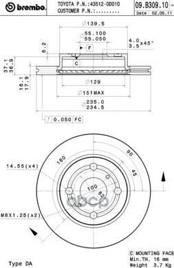 Диск Тормозной Toyota: Yaris 1.0 16V/1.3/1.3 16V/1.4 D-4D 99-05 Brembo арт. 09.B309.10