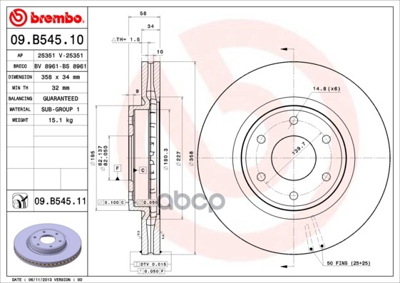Диск Тормозной Передний Nissan Patrol (Y62) 2010-> /Vent D=358Mm Brembo 09.B545.11 Brembo арт. 09.B545.11