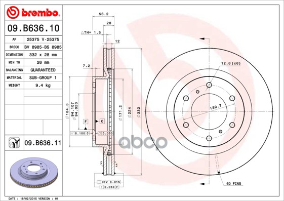 Диск тормозной передн. с УФ покрытием MITSUBISHI PAJERO IV (V8_W  V9_W) 11/06-> / MITSU Brembo арт. 09.b636.11