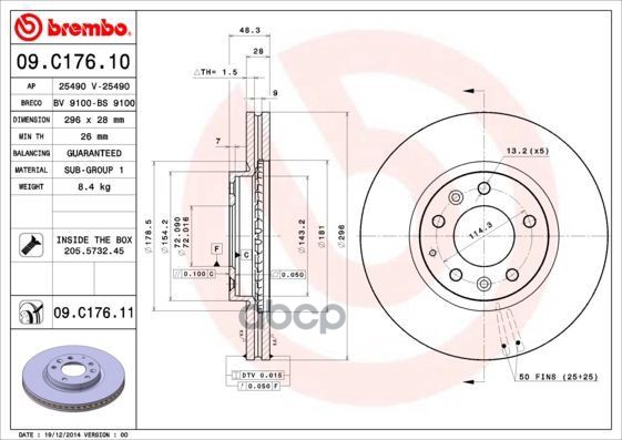 Диск тормозной передн. с УФ покрытием MAZDA CX-7 (ER) 06/06-12/14 Brembo арт. 09.c176.11