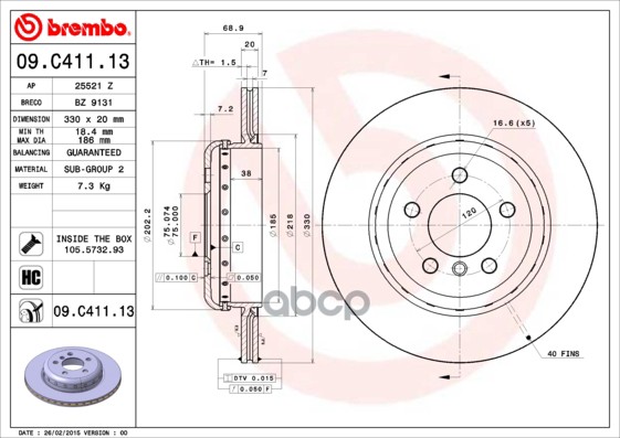 Диск тормозной (Сзади) BMW 5-Series 09-17 Brembo арт. 09.C411.13