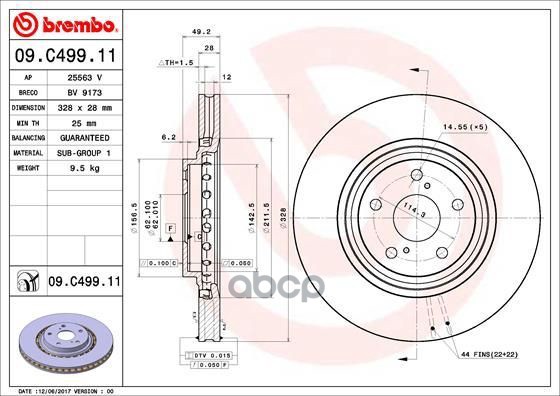 Диск тормозной передн. с УФ покрытием LEXUS NX (_Z1_) 07/14-> / LEXUS RX (_L1_) 12/08-10/15 / TOYOTA Brembo арт. 09.c499.11