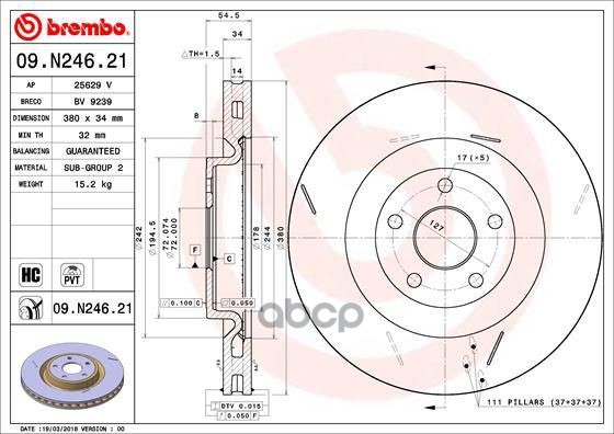 Диск тормозной передн. с УФ покрытием JEEP GRAND CHEROKEE IV (WK  WK2) 06/10-> Brembo арт. 09.n246.21