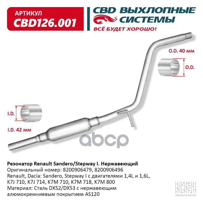 Резонатор Renault Sandero/Stepway I Нерж сталь 8200906479. CBD126.001 CBD арт. CBD126.001