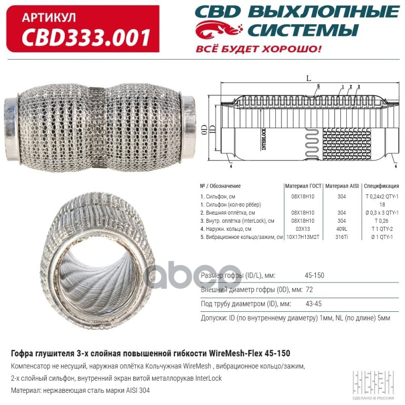 Гофра глушителя повышенной гибкости WireMesh-Flex 45-150. CBD333.001 CBD арт. CBD333.001