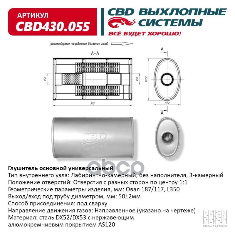 Глушитель Нержавеющий. Овал D187x117, L350. Отверстие с разных сторон по центру (1:1) под трубу 51мм CBD CBD430.055 CBD арт. ...