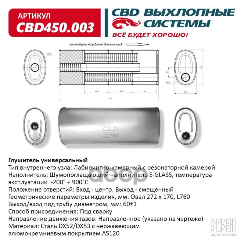 Глушитель Нержавеющий. Овал D272x170, L760. Отверстия с разных сторон по центру/смещенное (1:1) под CBD CBD450.003 CBD арт. C...