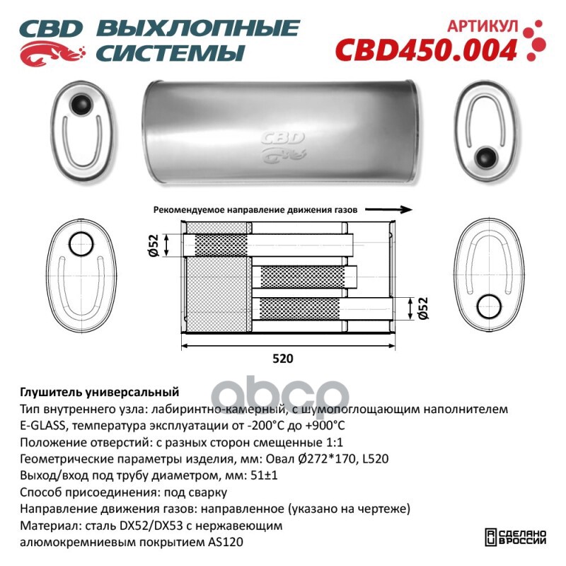 Глушитель CBD450.004. Овал D272170, L520/51 с/с NEW CBD CBD450.004 CBD арт. CBD450.004