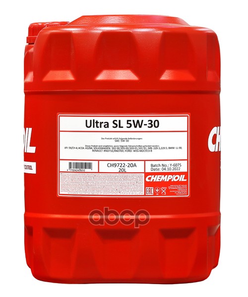 CHEMPIOIL 5W-30 Ultra Sl(Sn) / Ch-4, A3/B4, 20Л (Синт. Мотор. Масло)