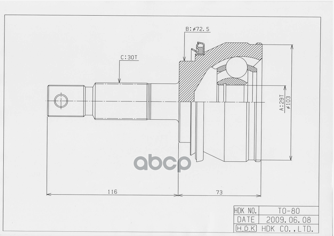 Шрус (Спереди/ Наруж) Toyota Hilux Pick Up 04-20 / Fortuner 04-20 / Lite Ace 85-96 / Town Ace 88-96 HDK арт. TO-080