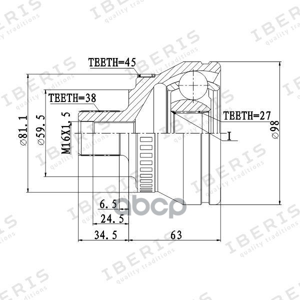 Шрус Наруж (Размер 27Х59.5х38, С Абс 45 Зуб.) Audi A4, A6, A8, Allroad, Vw Passat B5 IBERIS арт. IB6016