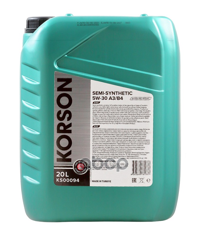 Korson 5W-30 Semi Synthetic A3/B4 20Л (Полусинт. Мотор. Масло)