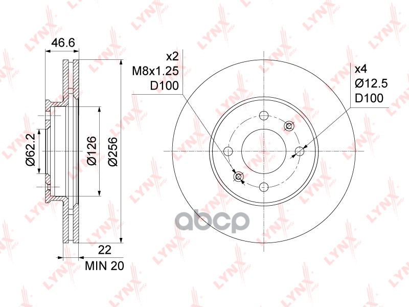 Диск тормозной передний (256x22) HYUNDAI Accent(MC) 1.4-1.6 05-10 / i20 1.1D-1.6D 08>  KIA Rio II 1. LYNXauto арт. bn-1058