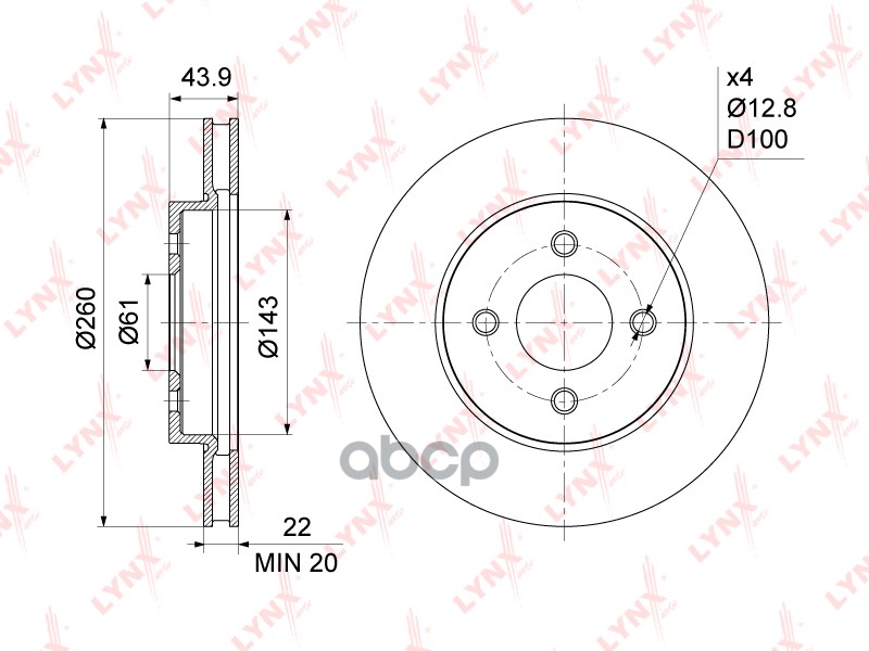 Диск тормозной передний (260x22) NISSAN Micra(K12) 1.2 03> / Tiida 1.5-1.8 05> / AD(Y12) 1.6 08> / B LYNXauto арт. bn-1115