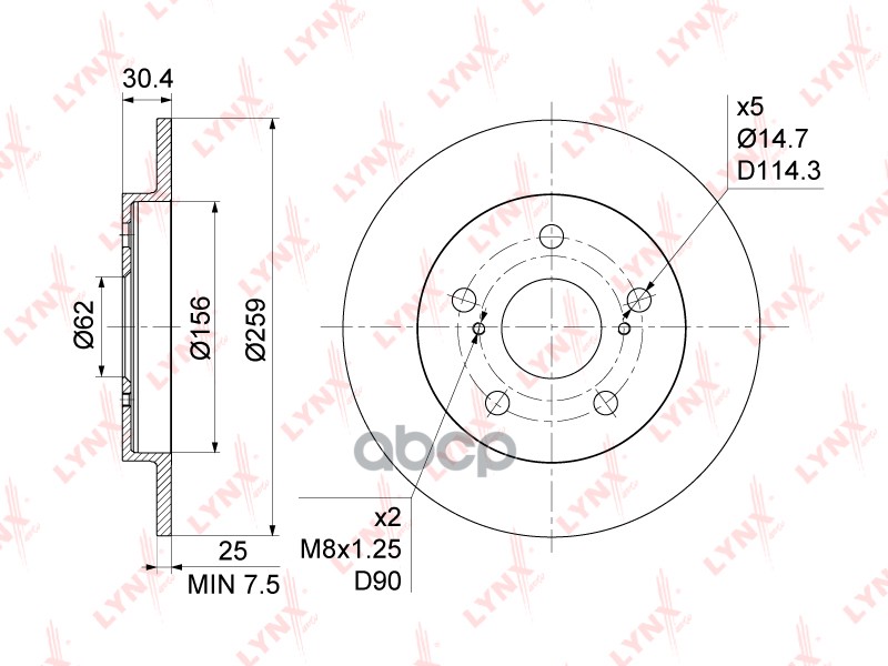 Диск тормозной задний (259x9) подходит для TOYOTA Auris(E15) 1.33-1.8 07 / Corolla(E15/8) 1.33-1.8 07 BN-1146 LYNXauto арт. B...