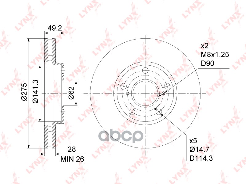 Диск тормозной передний (275x28) TOYOTA Avensis Verso / Picnic 2.0-2.4 01-09 / Camry(V10-V30) 2.2-3. LYNXauto арт. bn-1152