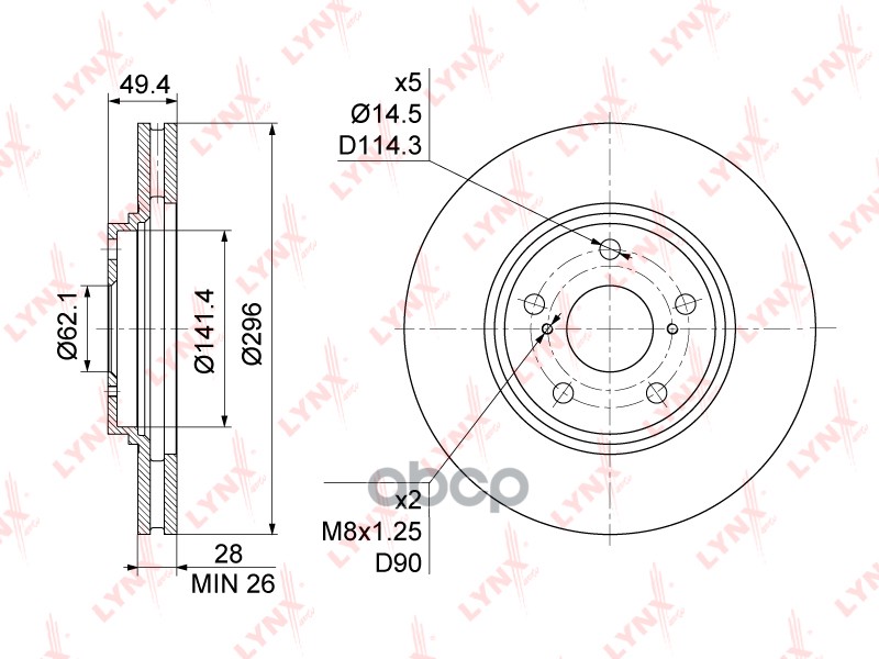 Диск тормозной передний (296x28) TOYOTA Camry(V30) 2.4-3.0 01-06 / Harrier 2.2-3.0 97-03 LYNXauto арт. bn-1176