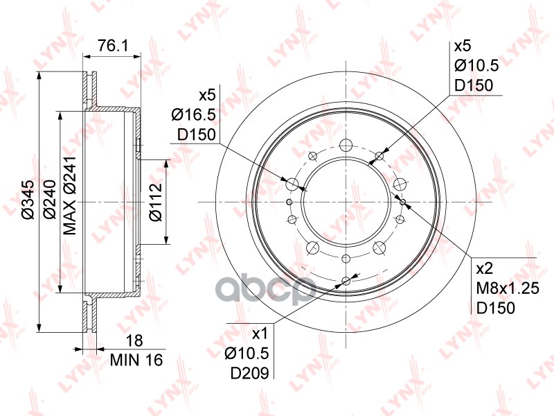 Диск тормозной задний (345x18) подходит для TOYOTA Land Cruiser(200) 4.5D-4.7 07, LEXUS LX570 07 BN-1186 LYNXauto арт. BN-1186