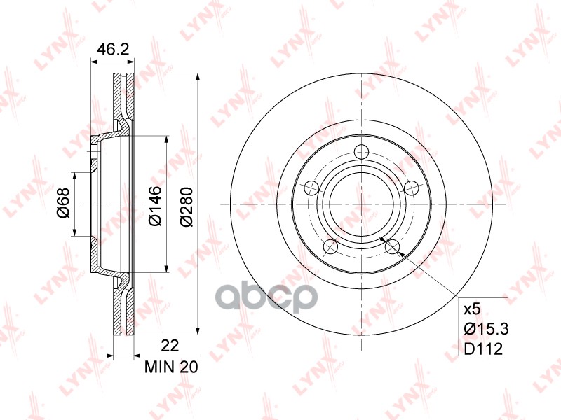 Диск тормозной (280x22) AUDI A4 1.6-3.0 94-08  VW Passat 1.6-2.5D 96-05 (перед) AUDI A8 2.5D-6.0 96- LYNXauto арт. bn-1203