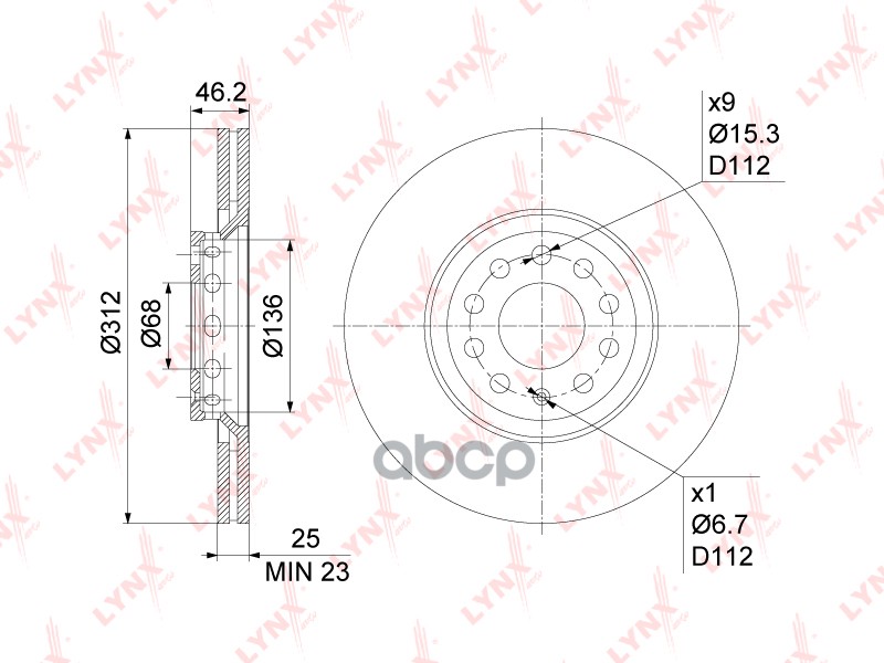 Диск тормозной передний (312x25) AUDI A4 1.6-3.0 00-08 / A6 1.8-4.2 97-05  SKODA Superb(3U) 1.9D-2.8 LYNXauto арт. bn-1207
