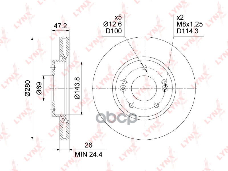 Диск тормозной передний (280x26) HYUNDAI i30(FD) 07-11 / ix20 10>  KIA Ceed(ED) 06-12 / Cerato(TD) 1 LYNXauto арт. bn-1556