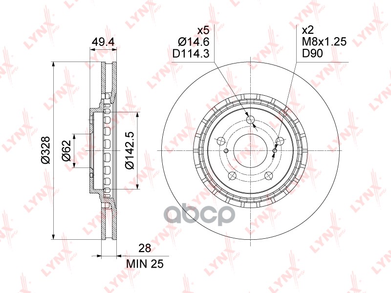 Диск тормозной передний (328x28) TOYOTA RAV 4 IV 12>  LEXUS NX 14> / RX 08-15 LYNXauto арт. bn-1639
