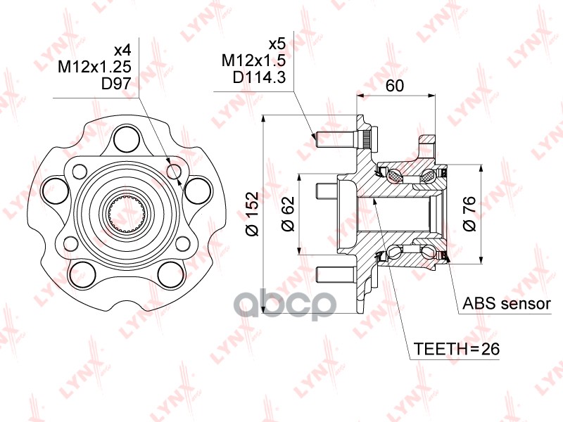 Ступица задняя в сборе с ABS TOYOTA RAV 4 III-IV 2.0-3.5 4WD 06> / Auris(E150/E180) 1.5-1.8 4WD 06> LYNXauto арт. wh-1034