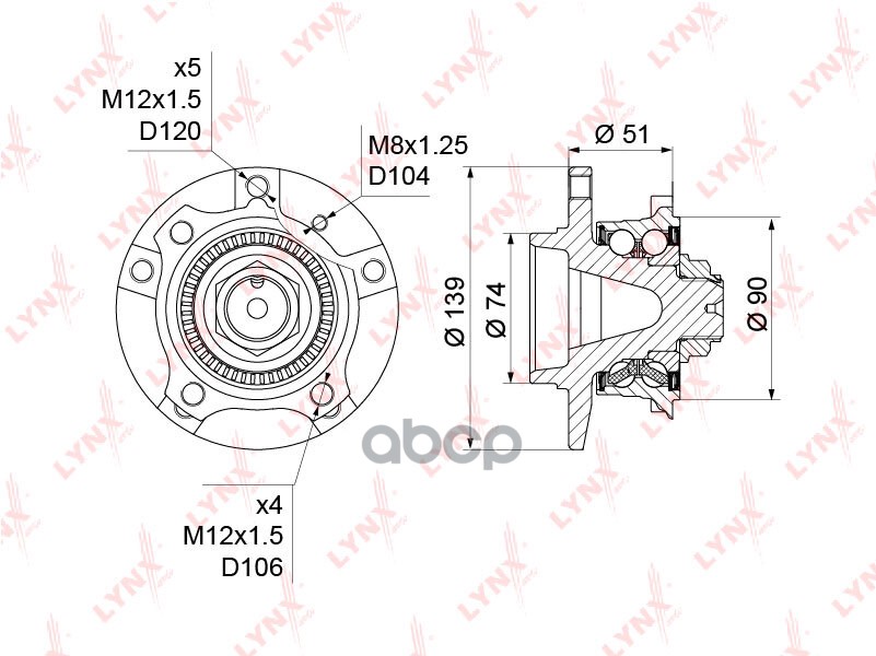 Ступица колеса  перед правлев LYNXauto WH-1164 LYNXauto арт. WH-1164