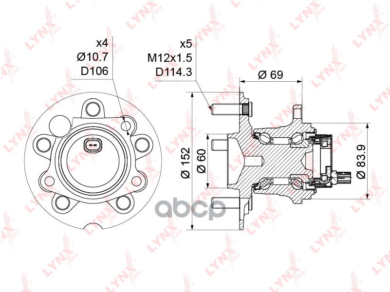 Ступица задняя в сборе с ABS TOYOTA Rav I-II 4 1.8-2.0 2WD 95-05 / Avensis Vers LYNXauto WH-1175 LYNXauto арт. WH-1175