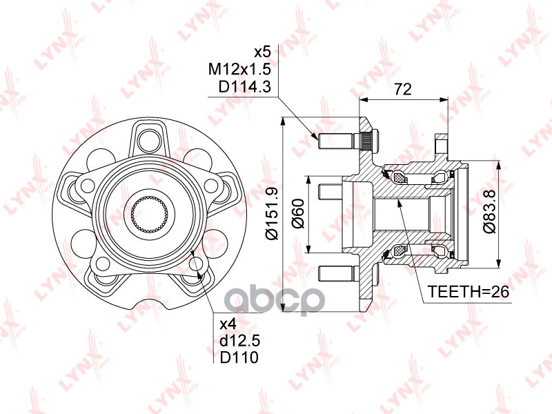 Ступица Колеса Зад В Сборе Lexus Rx300-400H 4Wd 03-08, Toyota Highlander I 2.4-3.3 4Wd 03-07 / Venza LYNXauto арт. WH1352