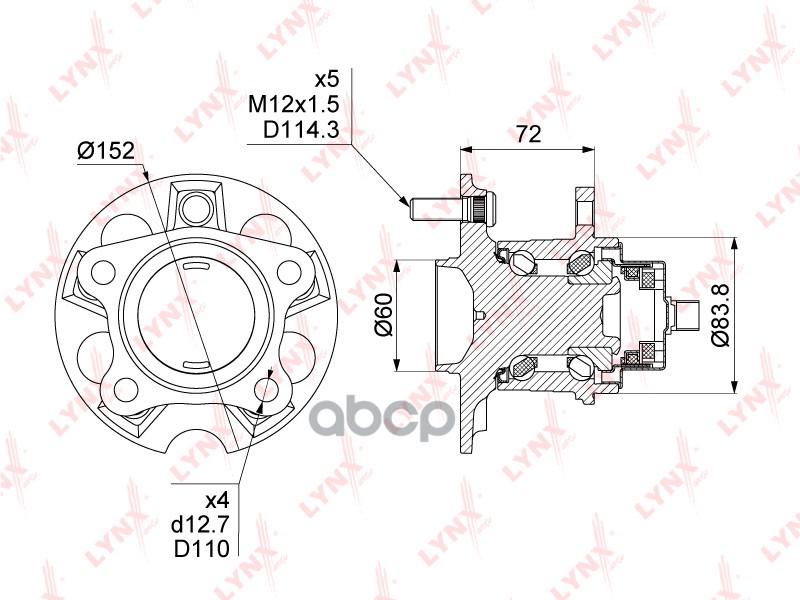 Ступица задняя в сборе R LEXUS RX330-400h 2WD 03-08  TOYOTA Highlander 2.4-3.3 2WD 03-07 LYNXauto арт. wh-1502