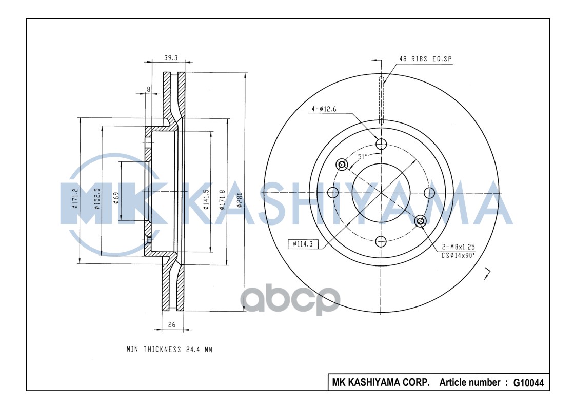 Диск тормозной передний HYUNDAI ELANTRA 2.0 01-/SONATA/KIA MAGENTIS 01- G10044 MK KASHIYAMA арт. G10044