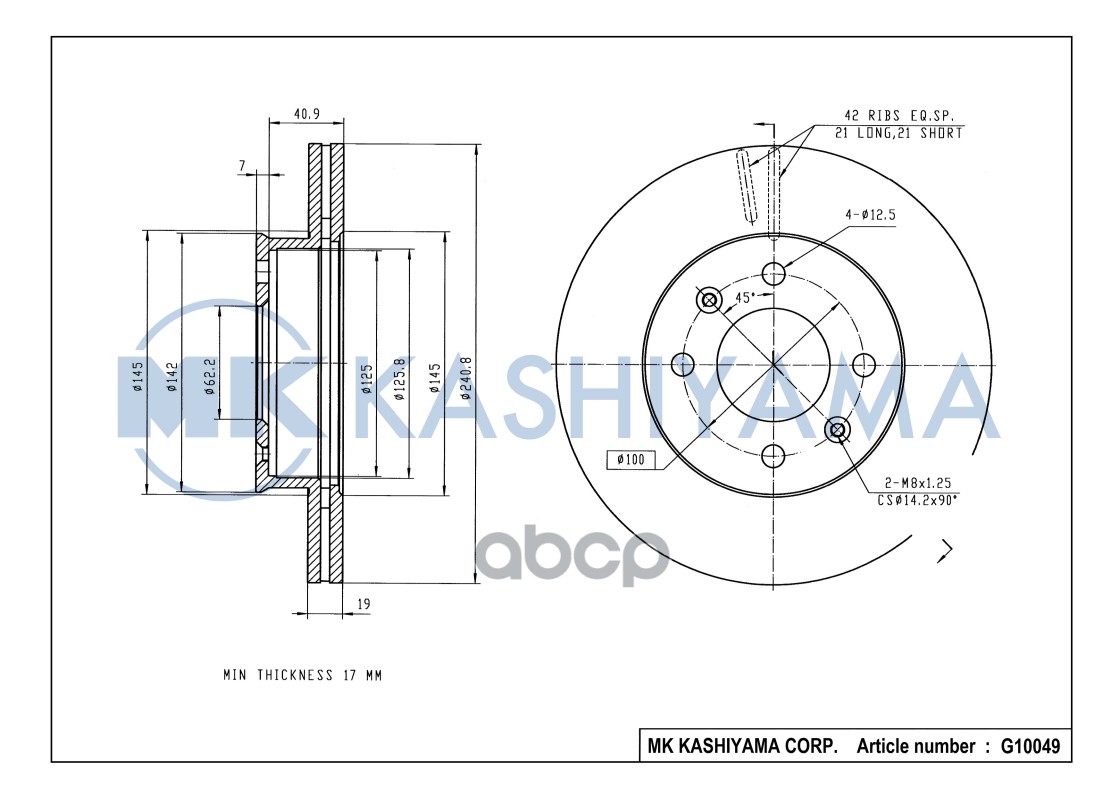 Диск тормозной передний R13 HYUNDAI GETZ 1.1-1.6 02- без ABS G10049 MK KASHIYAMA арт. G10049